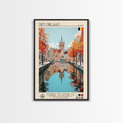 Sint-Niklaas Belgium Travel Poster Framed Canvas Print, Midcentury Modern Art, Pop Art Wall Decor, Scenic Wall Art, Bedroom Decoration
