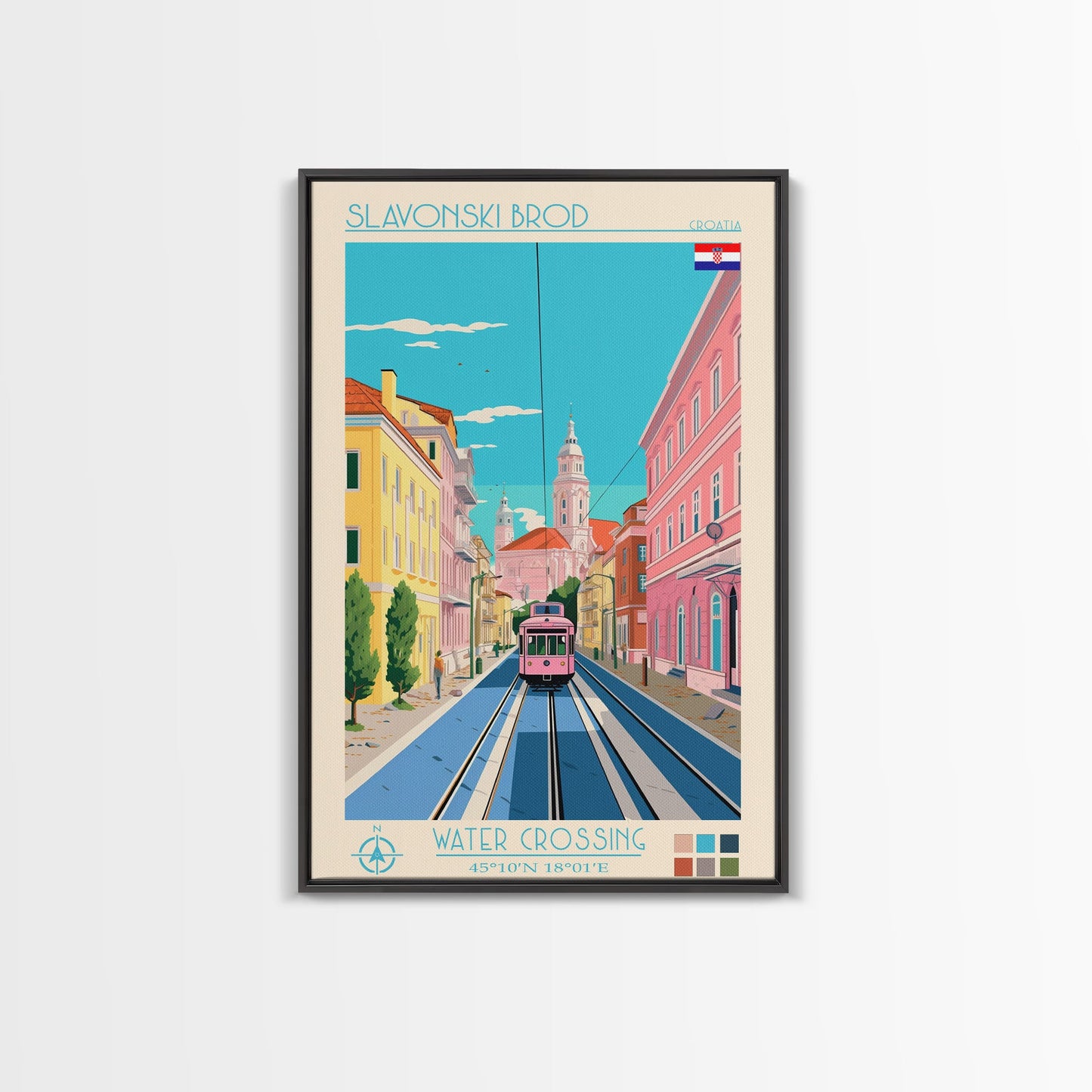 Slavonski Brod Croatia Travel Poster Framed Canvas Print, Midcentury Modern Art, Pop Art Wall Decor, Home Decor, Office Decoration