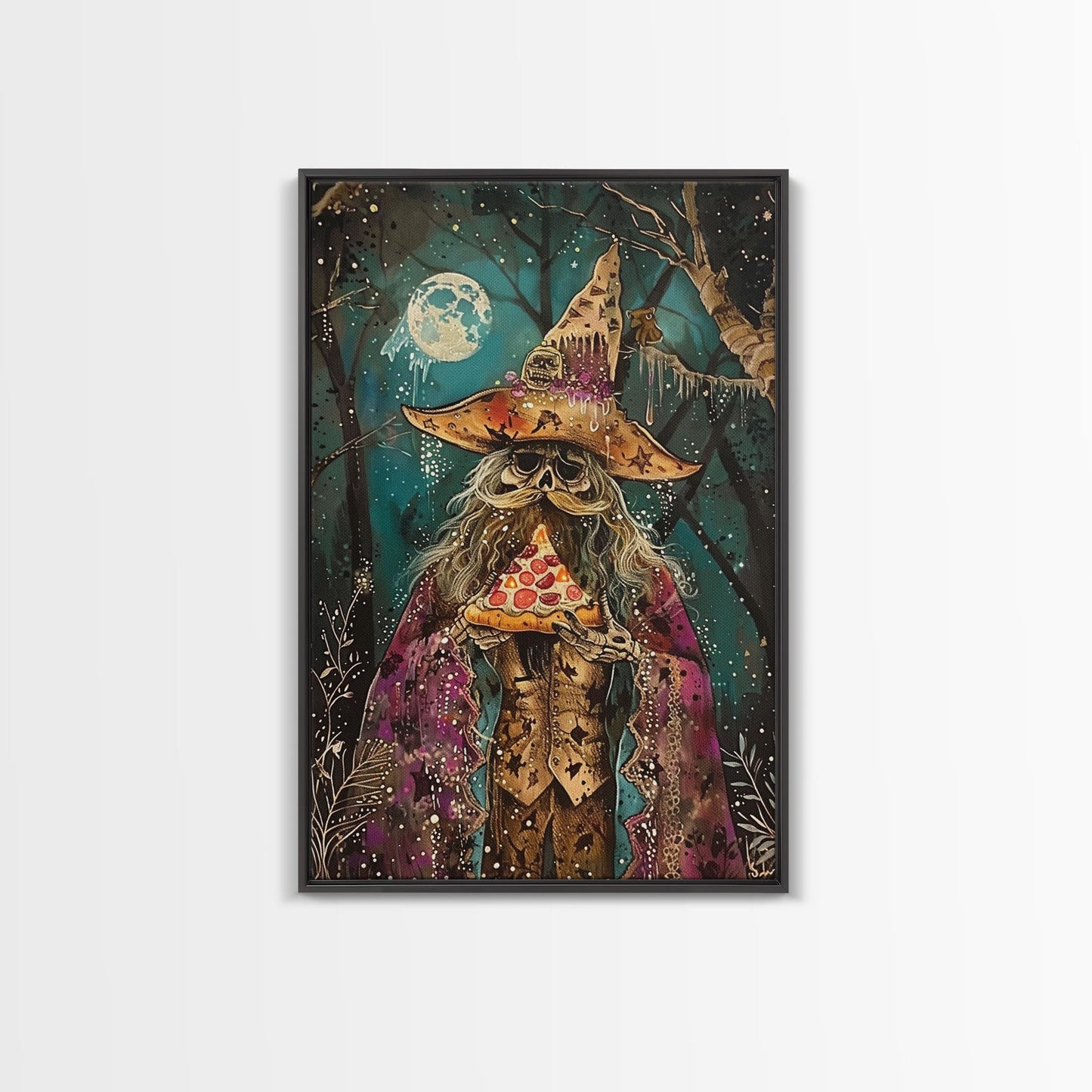 Ghostly Wizard Having A  Slice of Pizza, Funny Halloween Decor, Framed Canvas Print