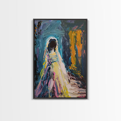 Halloween Haunted Veiled Ghost, Framed Canvas Print, Wall Art, Living Room Decor, Spooky, Ghost Art, Original Painting, Home Decor