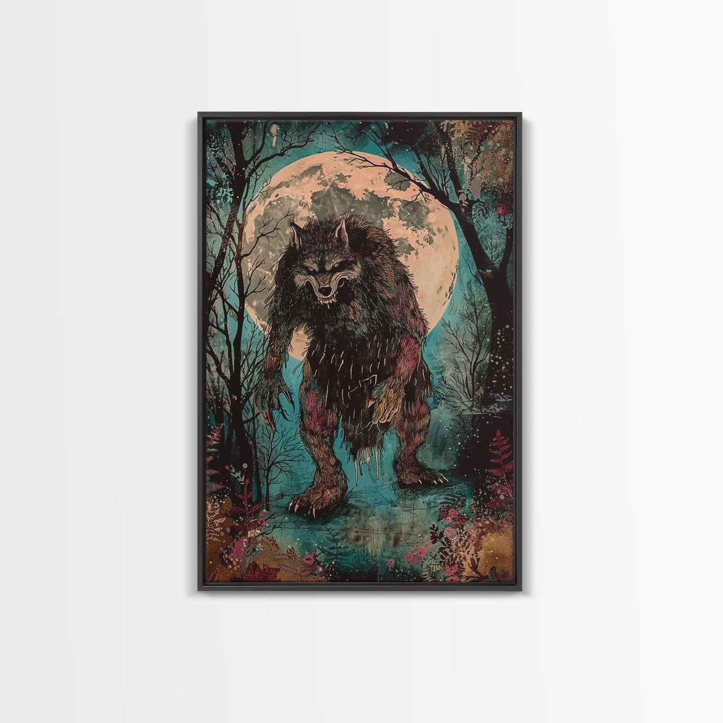 Halloween Horror Full Moon Werewolf Framed Canvas Print, Wall Art, Living Room Decor, Halloween Decor, Spooky Wall Hanging, Haunted House