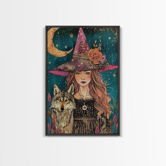 Cottage Core Witch Portrait Framed Canvas Print, Witch Art, Witch and Wolf Familiar, Colorful Springtime Witch Art