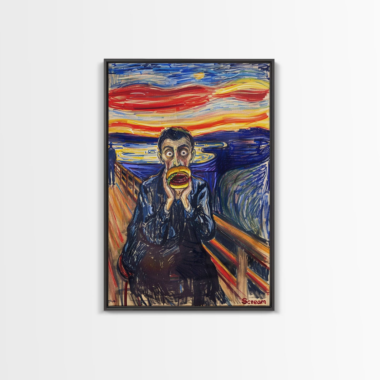Scream-Inspired Art of a Man Eating a Hamburger, Blending Horror and Humor for a Unique Halloween Wall Art Addition