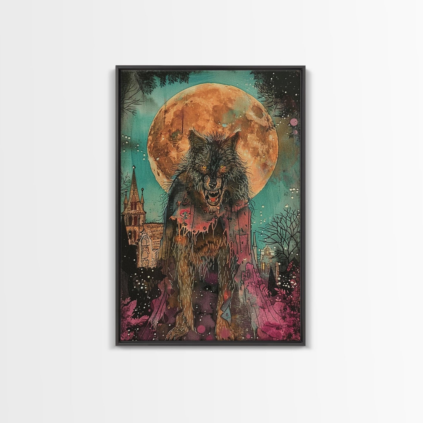 Fierce Werewolf with Blood Moon Framed Canvas Print | Halloween Monster Art | Spooky Werewolf Decor for Home | Intense Full Moon Artwork
