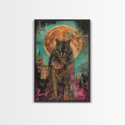 Fierce Werewolf with Blood Moon Framed Canvas Print | Halloween Monster Art | Spooky Werewolf Decor for Home | Intense Full Moon Artwork