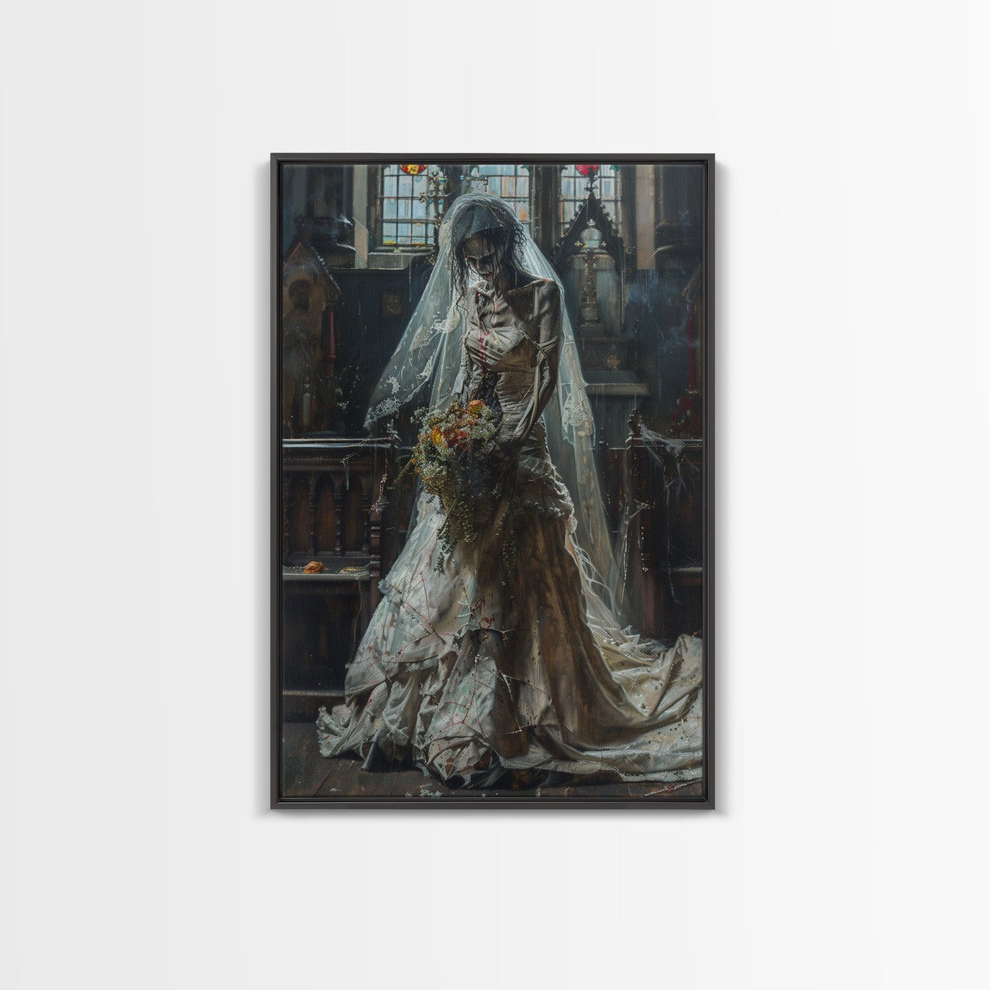 Ghostly Bride in Abandoned Church Framed Canvas Print | Halloween Bride Art | Eerie Bride Decor for Home | Haunted Wedding Artwork
