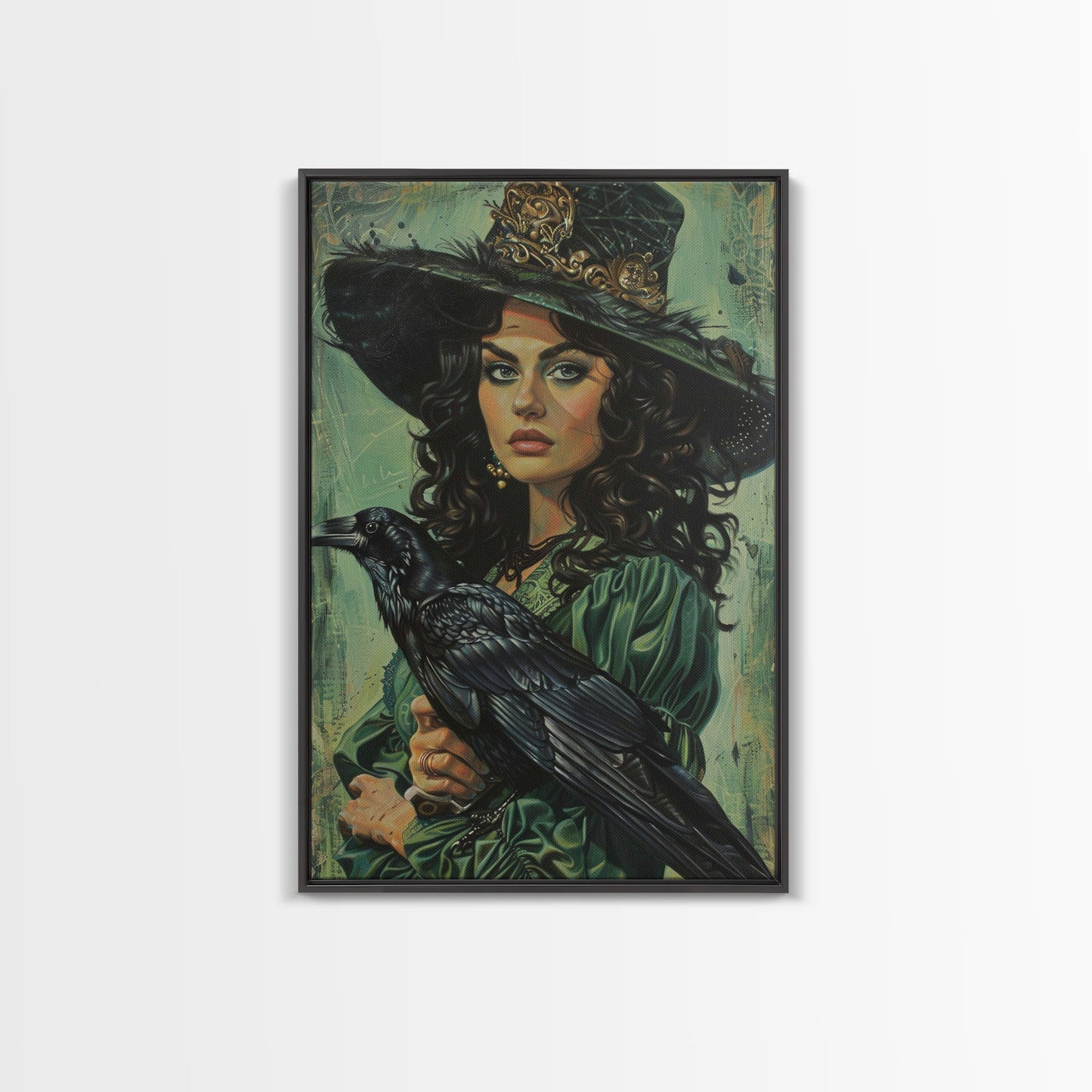Raven Witch in Green Dress - Halloween Wall Art - Spooky Home Decor - Witch and Raven Painting - Gothic Halloween Decoration