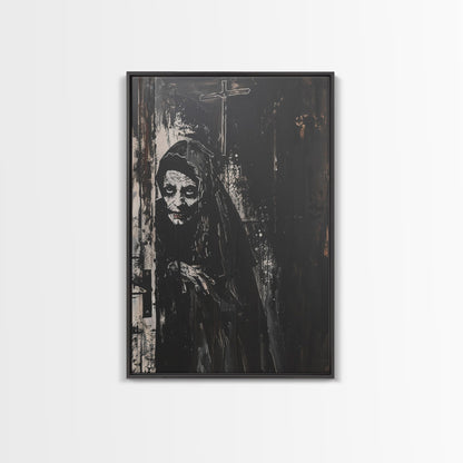 Haunted Nun with Eerie Expression, Framed Canvas Print, Gothic Halloween Art, Spooky Religious Decor, Scary Nun Painting, Gothic Home Art