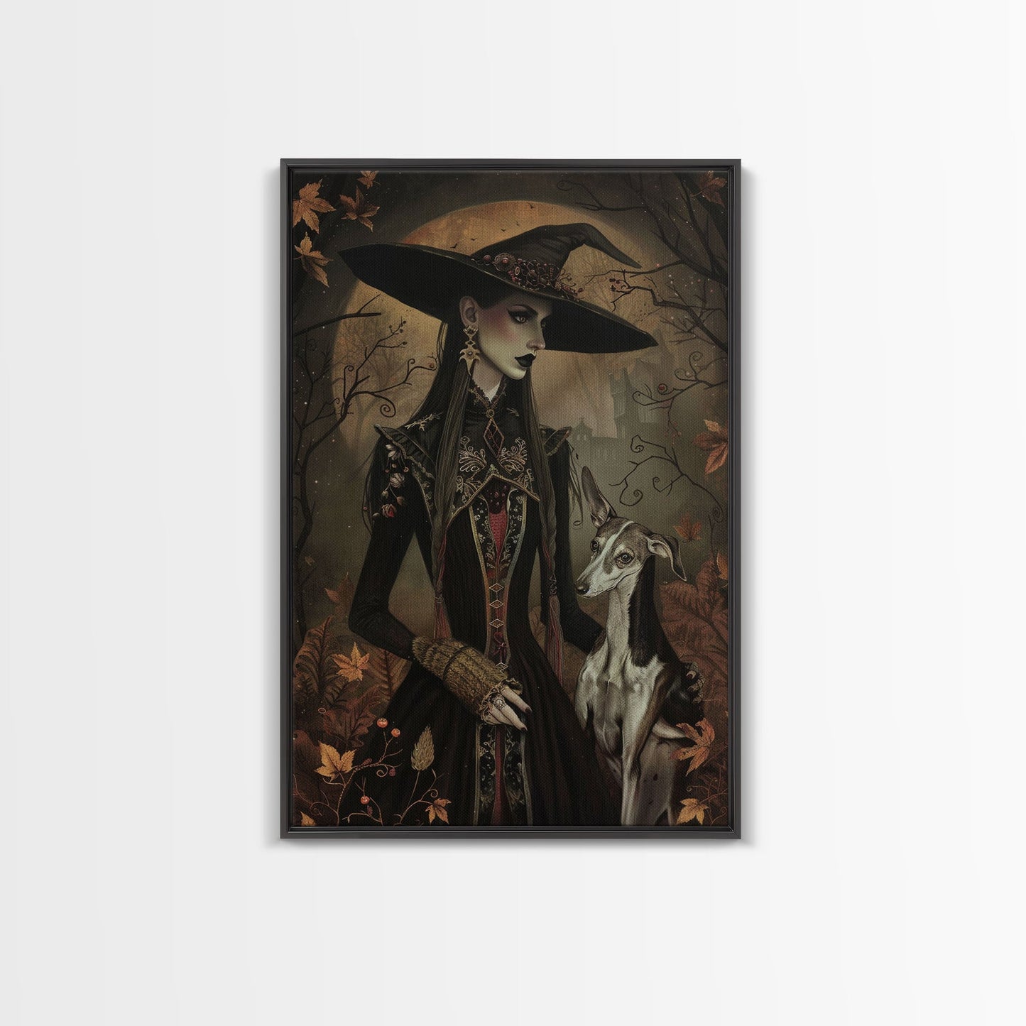 Gothic Witch with Elegant Dog, Framed Canvas Print, Dark Witch Art, Victorian Witch, Halloween Witch Decor, Gothic Home Decor