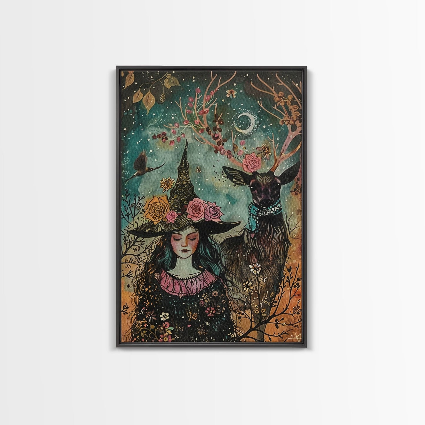 Elegant Witch with Tortoise - Halloween Art, Gothic Art, Spooky Decor, Dark Nature Art, Haunting Portrait, Framed Canvas Print