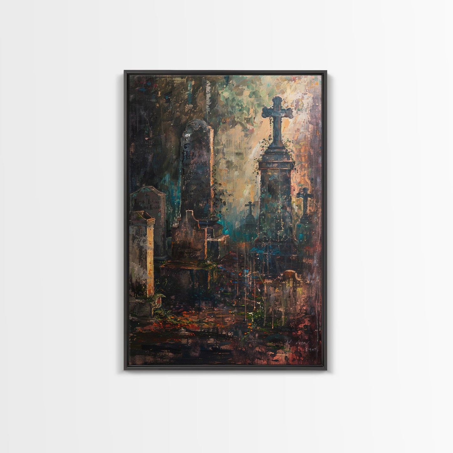Düstere Friedhofskunst für Halloween, Gruselfriedhof, Spukfriedhof, unheimliche Grabsteine, dunkle Kunstwerke, gerahmter Leinwanddruck