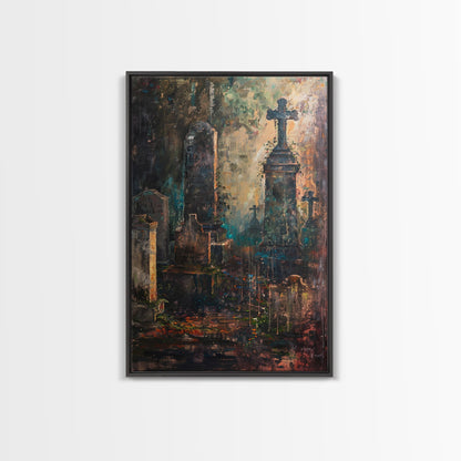 Düstere Friedhofskunst für Halloween, Gruselfriedhof, Spukfriedhof, unheimliche Grabsteine, dunkle Kunstwerke, gerahmter Leinwanddruck