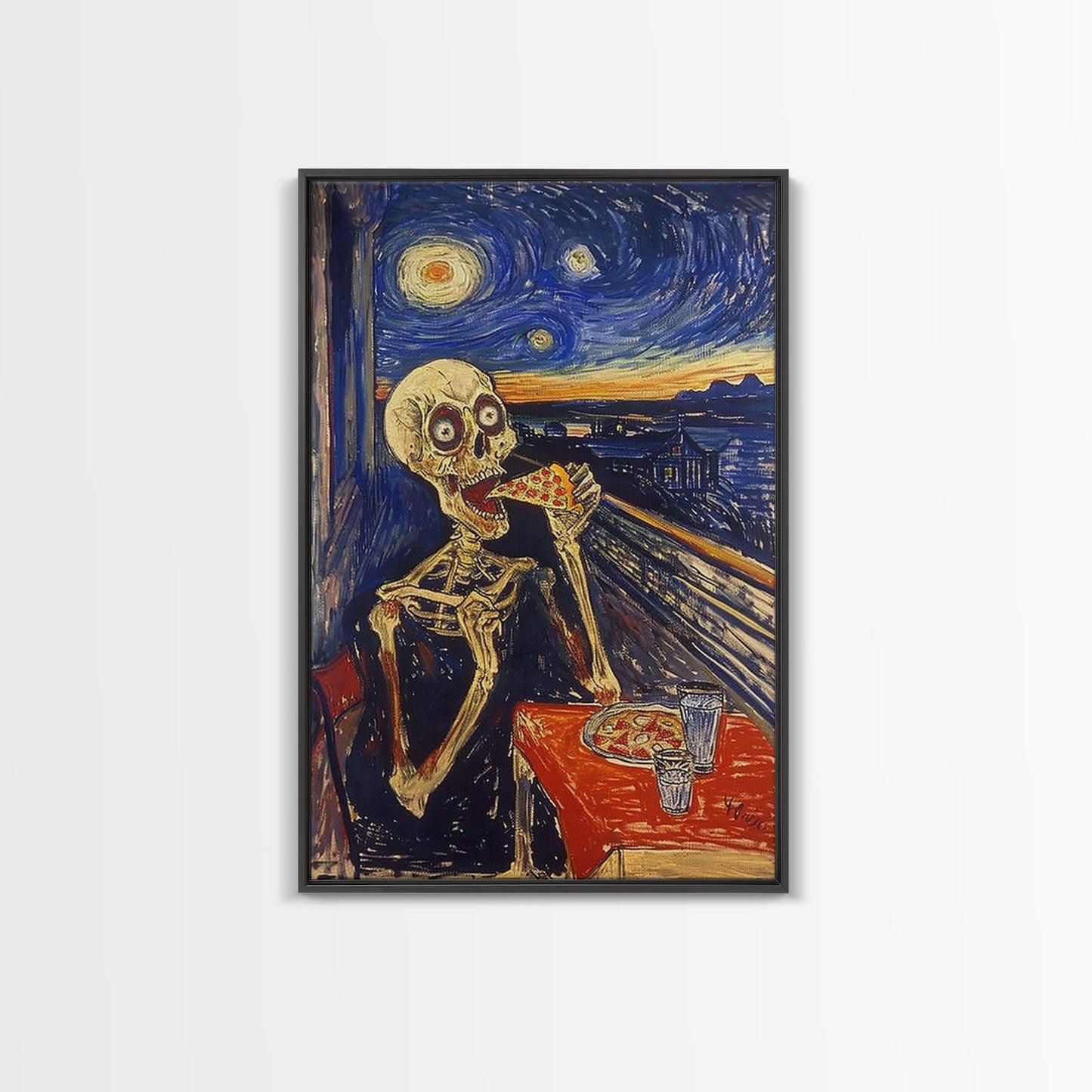 Spooky Skeleton Dude Eatin' a Pizza, Starry Night Inspired Funny Halloween Art, Framed Canvas Print