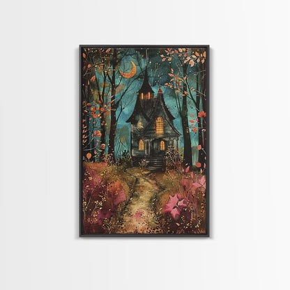 Enchanted Forest Pathway Framed Canvas Print, Haunted Woods Art, Halloween Night, Spooky Path Decor, Mysterious Artwork, Framed Canvas Print