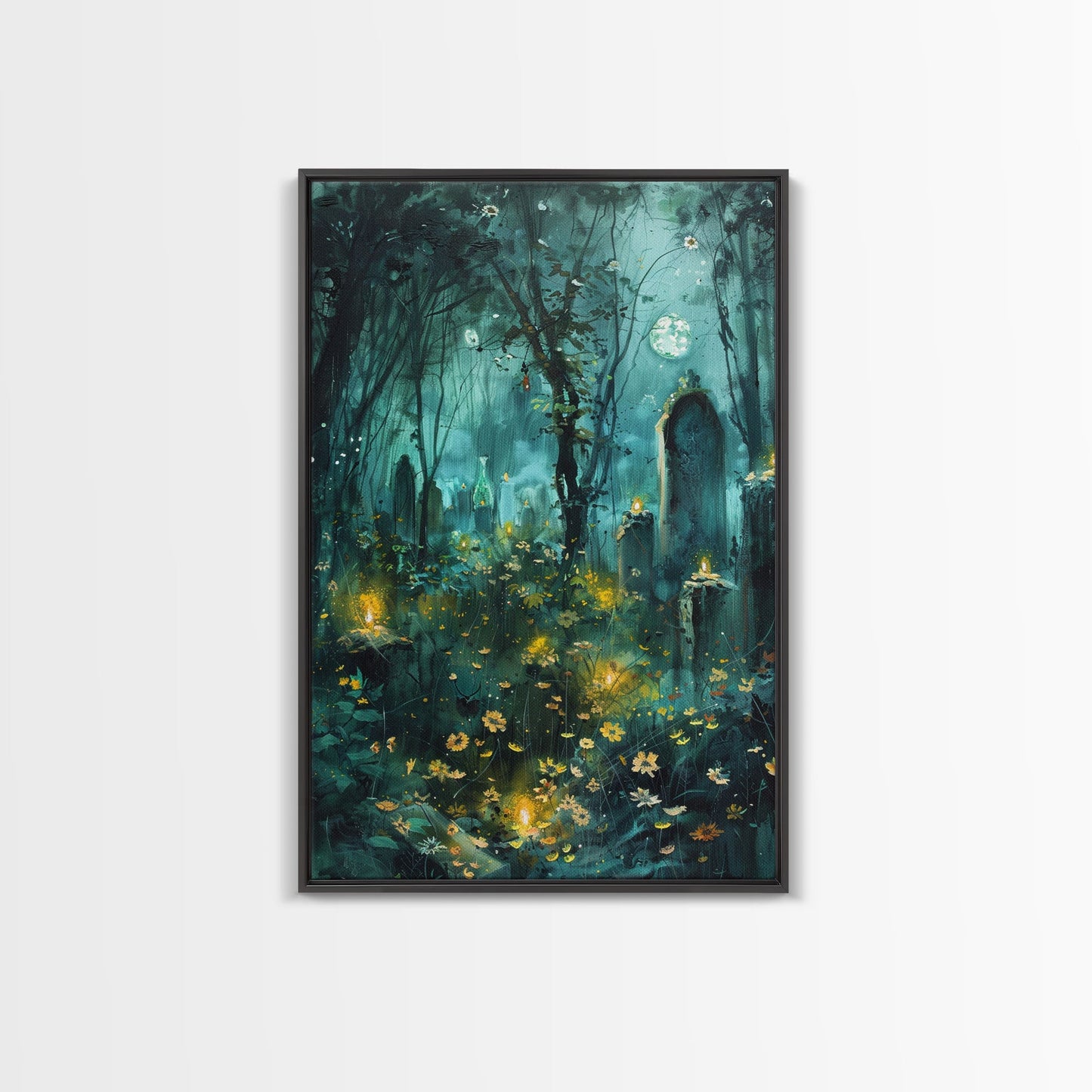 Haunted Forest Cemetery Framed Canvas Print, Wall Art, Spooky Graveyard Art, Eerie Home Decor Halloween Forest Painting Halloween Decoration