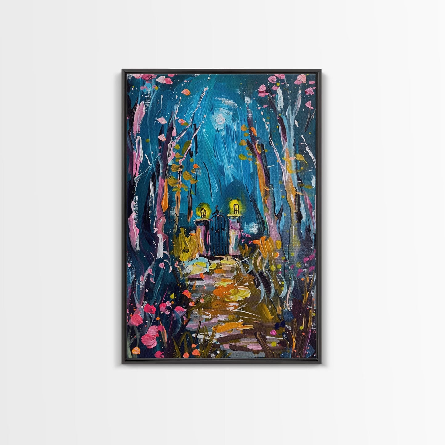 Mystical Cemetery with Glowing Flowers Framed Canvas Print, Wall Art, Halloween Graveyard Art, Enchanted Forest Decor, Spooky Artwork