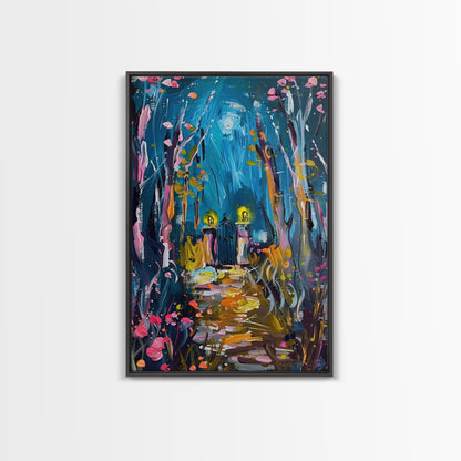 Mystical Cemetery with Glowing Flowers Framed Canvas Print, Wall Art, Halloween Graveyard Art, Enchanted Forest Decor, Spooky Artwork