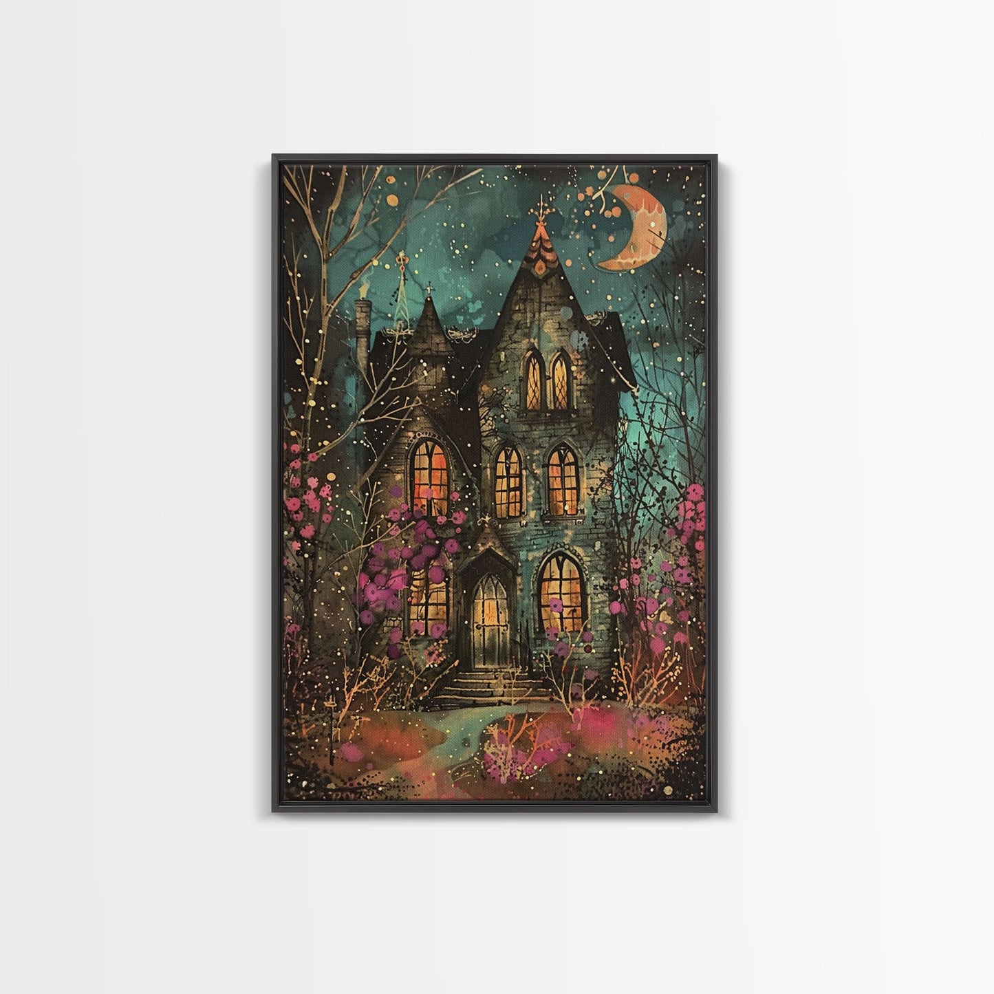 Enchanted Gothic House Framed Canvas Print, Halloween Wall Art, Spooky Art, Home Decor, Living Room Decor, Gothic Artwork, Haunted House