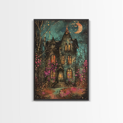 Enchanted Gothic House Framed Canvas Print, Halloween Wall Art, Spooky Art, Home Decor, Living Room Decor, Gothic Artwork, Haunted House