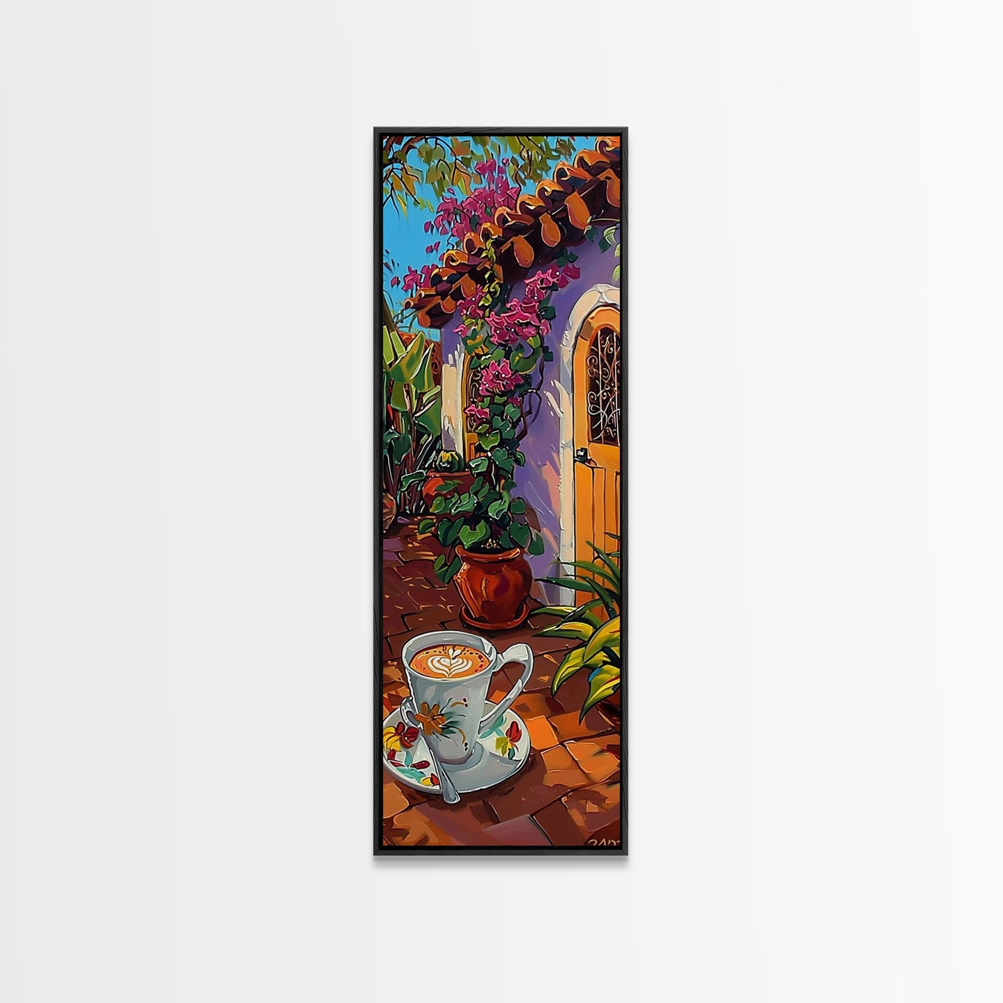 Rustic Garden Oil Painting Framed and Printed on Canvas, Tall Narrow Triptych Art Print, Coastal Art, Coffee Art, Contemporary Art Print