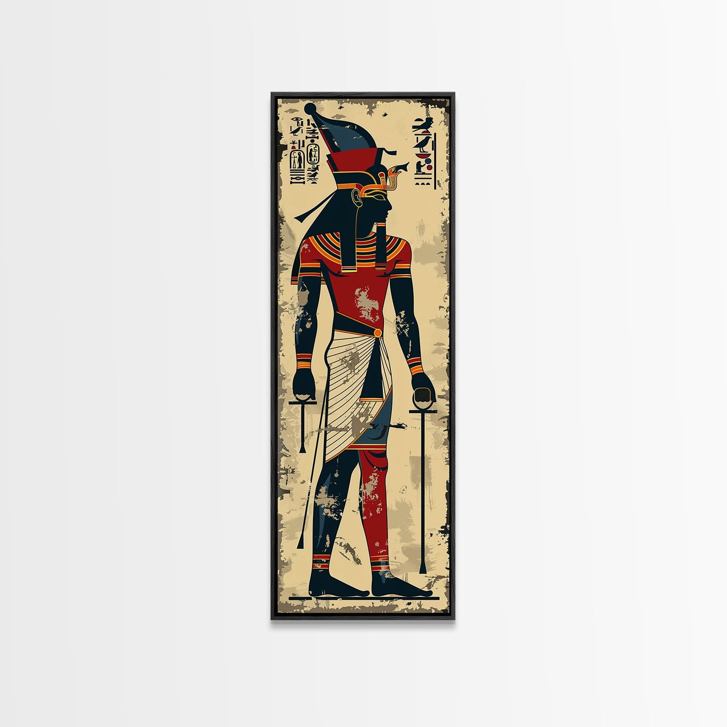 Egyptian Art Depiction of Horus - Framed Canvas Print, Midcentury Modern Wall Art, Skinny Art, Tall Art, Living Room Decor