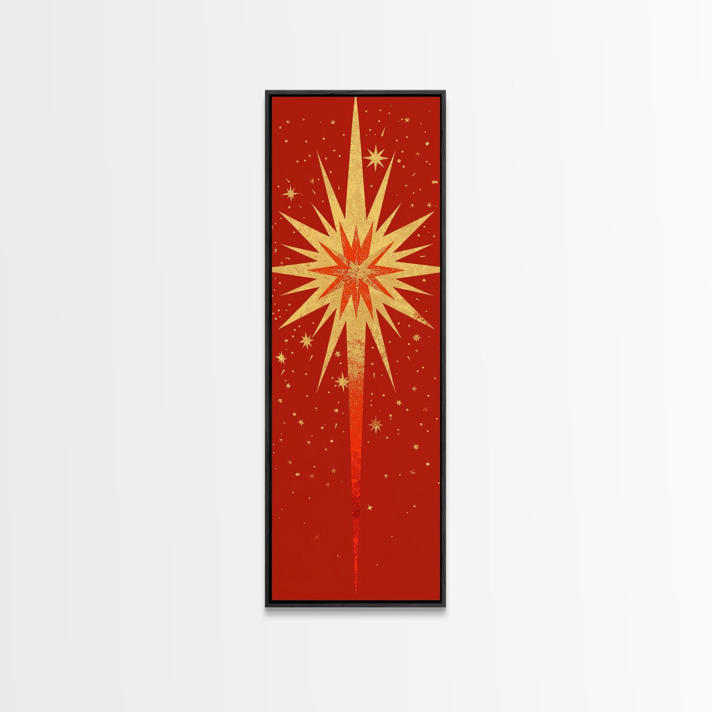 Retro Sunburst Art on Distressed Background - Framed Canvas Print, Midcentury Modern Skinny Art, Tall Wall Art for Living Room or Bedroom Decor