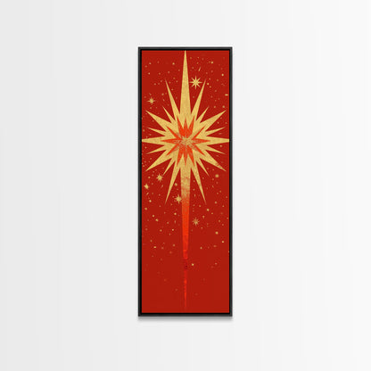 Retro Sunburst Art on Distressed Background - Framed Canvas Print, Midcentury Modern Skinny Art, Tall Wall Art for Living Room or Bedroom Decor