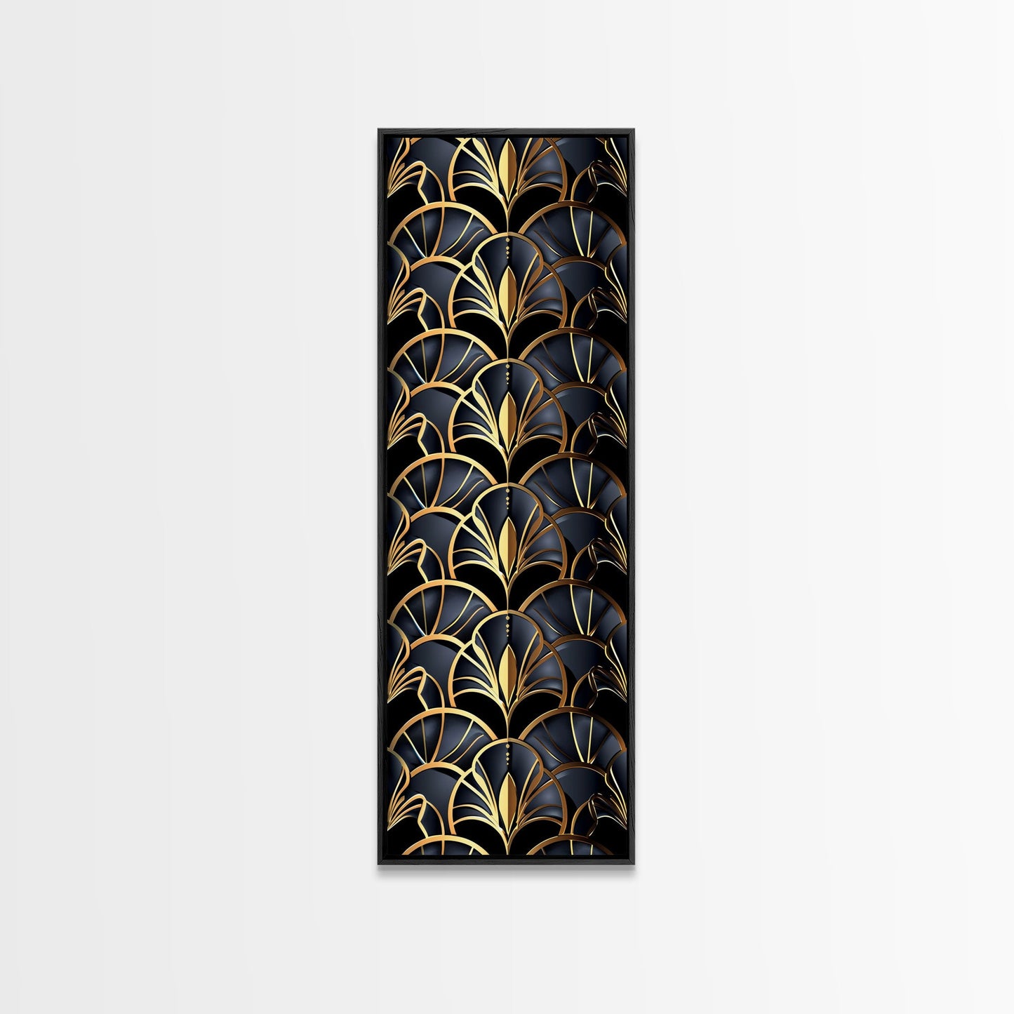 Gold Art Deco Pattern on Black Background - Framed Canvas Print, Midcentury Modern Art, Skinny Art, Tall Art, Living Room Wall Decor, Minimalist Art