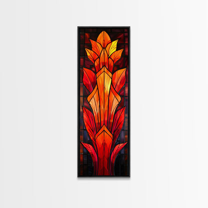 Red and Orange Floral Stained Glass Design - Framed Canvas Print, Midcentury Modern Art, Skinny Art, Tall Art, Living Room Wall Decor, Boho Art