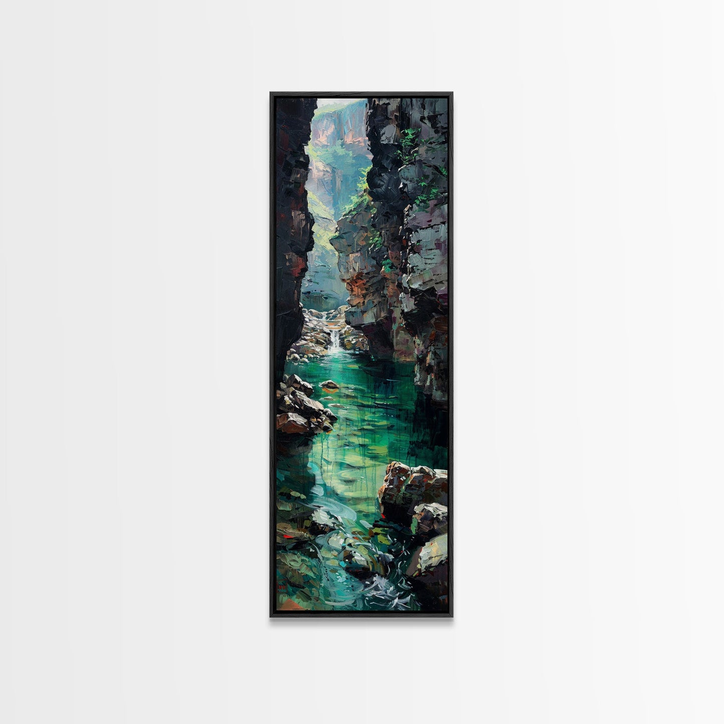 Serene Mountain River Gorge Scene Skinny Art Framed Canvas Print For Living Room Or Bedroom Wall Decor