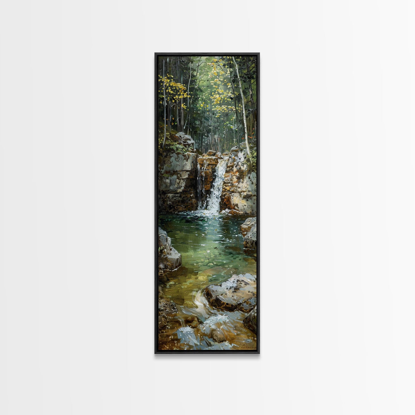Framed Canvas Print Skinny Art of a Serene Waterfall Cascading into a Tranquil Pool in a Lush Forest Landscape, Perfect Tall Art for Nature Lovers