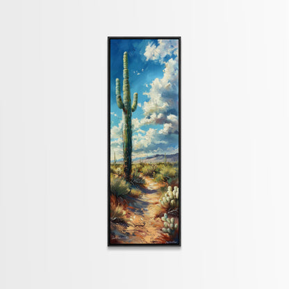 Iconic Saguaro Cactus in a Desert Landscape Under a Bright Blue Sky on a Framed Canvas Print Tall Art Piece