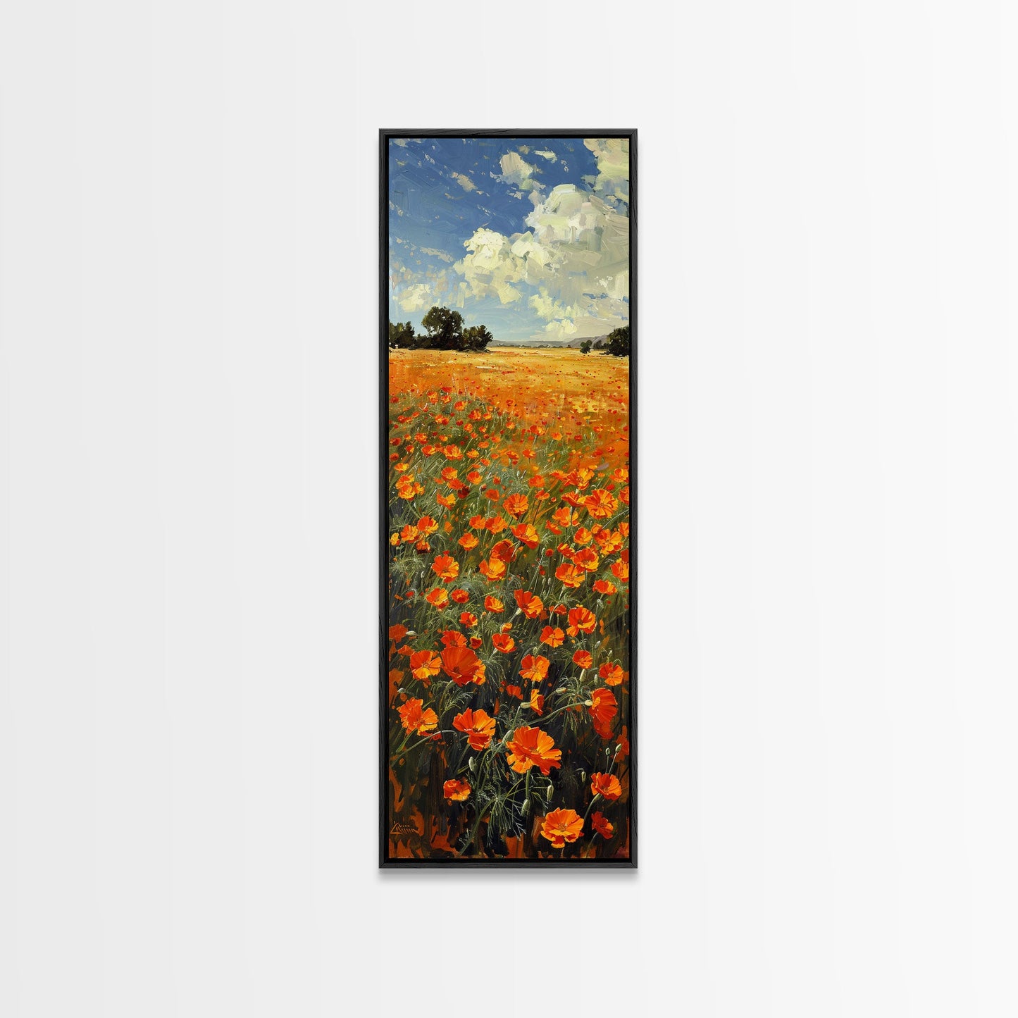 Expansive Poppy Field Under a Bright Blue Sky on a Framed Canvas Print Skinny Art Piece