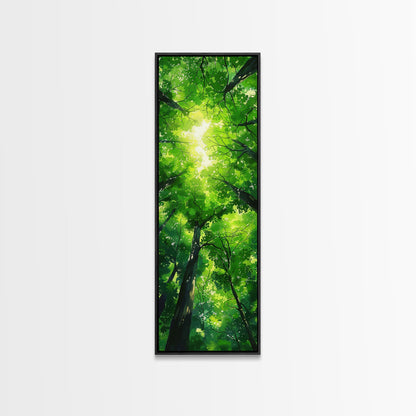 Lush Green Forest Canopy View as Tall Skinny Art Framed Canvas Print for Relaxing Wall Decor in Homes or Offices
