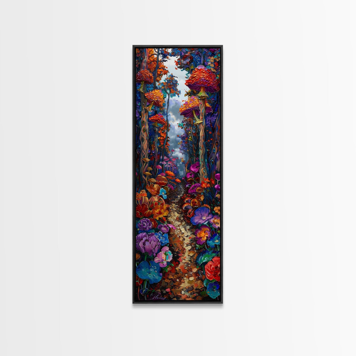 Fantasy Forest Pathway with Giant Mushrooms as Tall Skinny Art Framed Canvas Print for Whimsical Wall Decor in Unique Spaces
