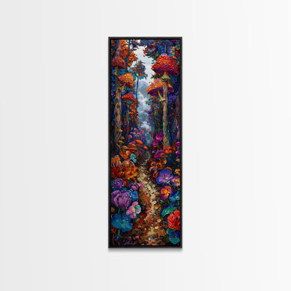 Fantasy Forest Pathway with Giant Mushrooms as Tall Skinny Art Framed Canvas Print for Whimsical Wall Decor in Unique Spaces