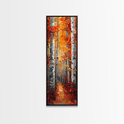 Fall Birch Tree Forest, Framed Canvas Print, Skinny / Tall Wall Art, Living Room Decor, Landscape Painting, Nature Decor