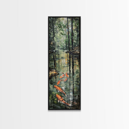 Elegant Koi Fish Swimming Serene Water Garden Nature Art Framed Canvas Print Tall Art Japanese Style Art
