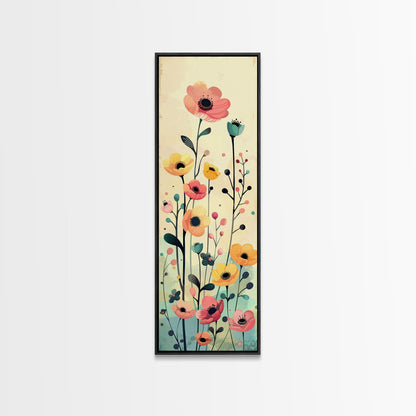 Bright Field of Wildflowers Skinny Art Tall Art Japanese Ukiyo-e Inspired Floral Print Framed Canvas Wall Art