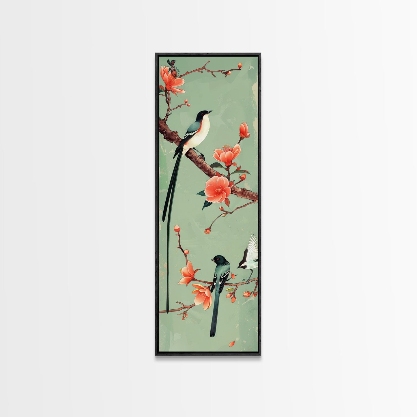 Elegant Birds on Branches Skinny Art Tall Art Japanese Ukiyo-e Inspired Bird and Nature Framed Canvas Print