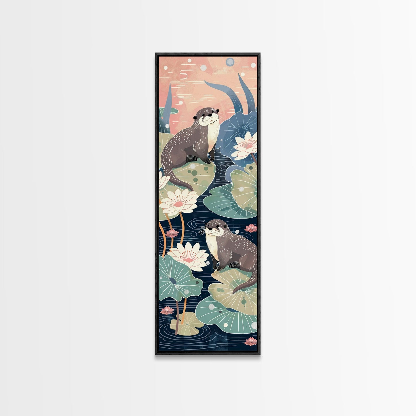 Playful Otters Amidst Lily Pads on Japanese-Inspired Tall Vertical Canvas Print Perfect for Nature-Inspired Wall Decor