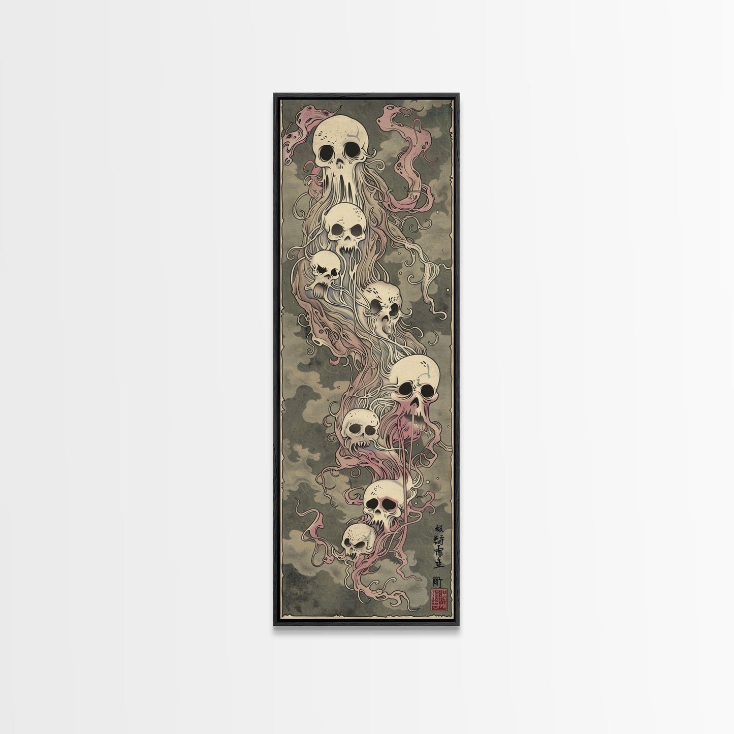 Hauntingly Beautiful Floating Skulls on Tall Vertical Canvas Print Featuring Japanese Ghostly Art in Eerie Style