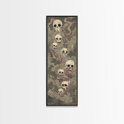 Hauntingly Beautiful Floating Skulls on Tall Vertical Canvas Print Featuring Japanese Ghostly Art in Eerie Style