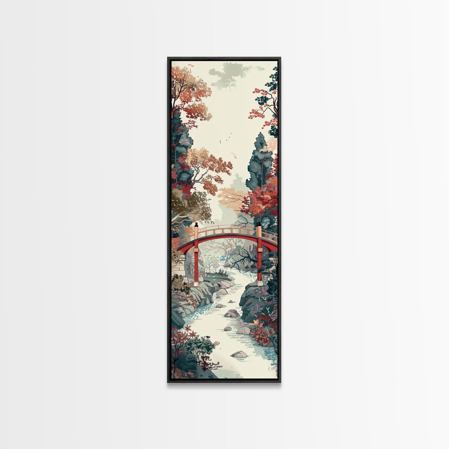 Traditional Japanese Skinny Art of Autumn Bridge in Serene Landscape with Fall Foliage – Framed Canvas Print