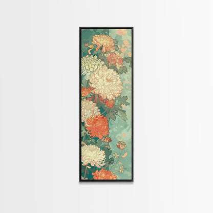 Skinny Art of Chrysanthemums in Soft Pastels with Intricate Petal Design on Framed Canvas Print