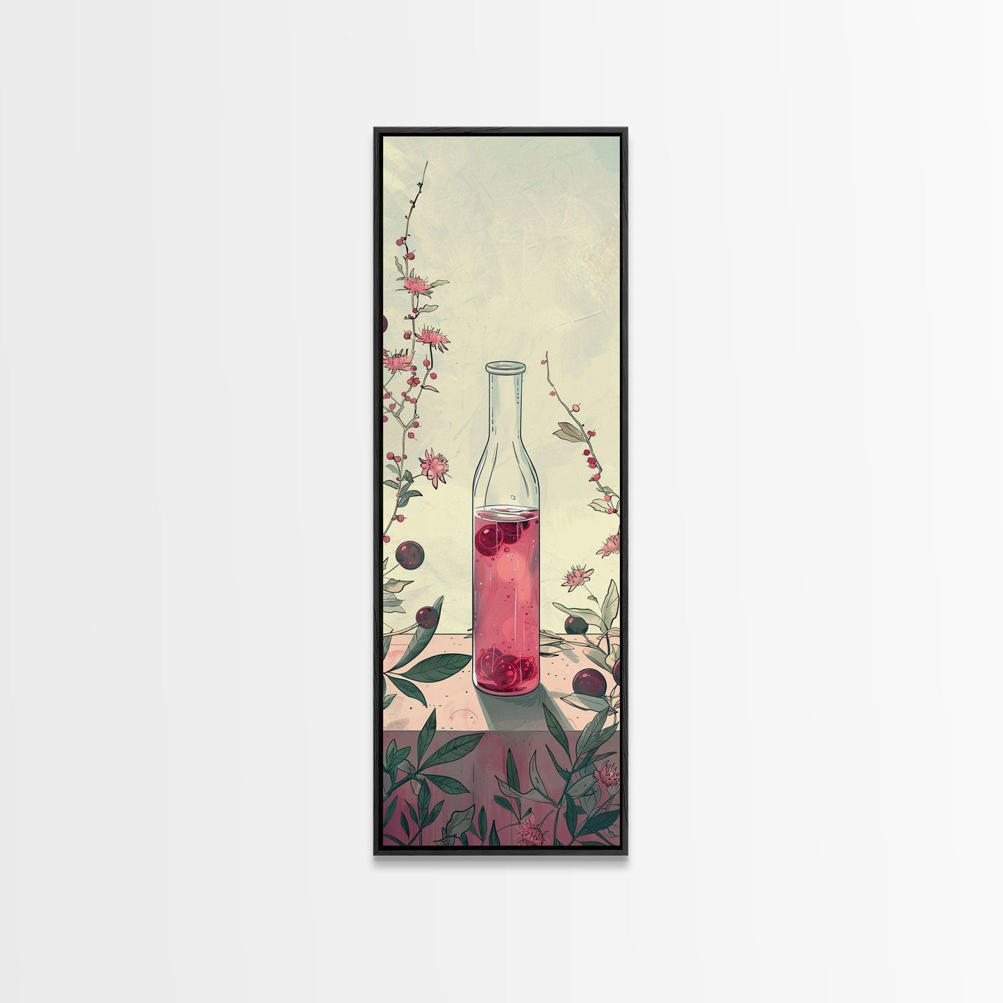 Skinny Art of Still Life with Elegant Glass Bottle and Floral Accents – Japanese-Inspired Framed Canvas Print