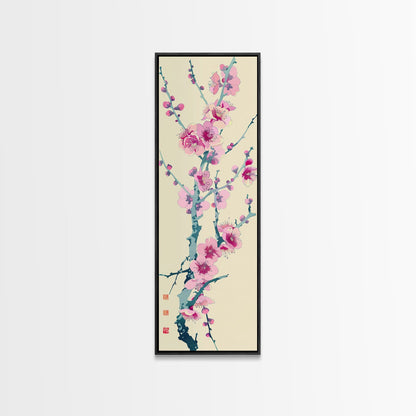 Plum Blossom Branch in Japanese Skinny Art with Delicate Pink Flowers – Framed Canvas Print