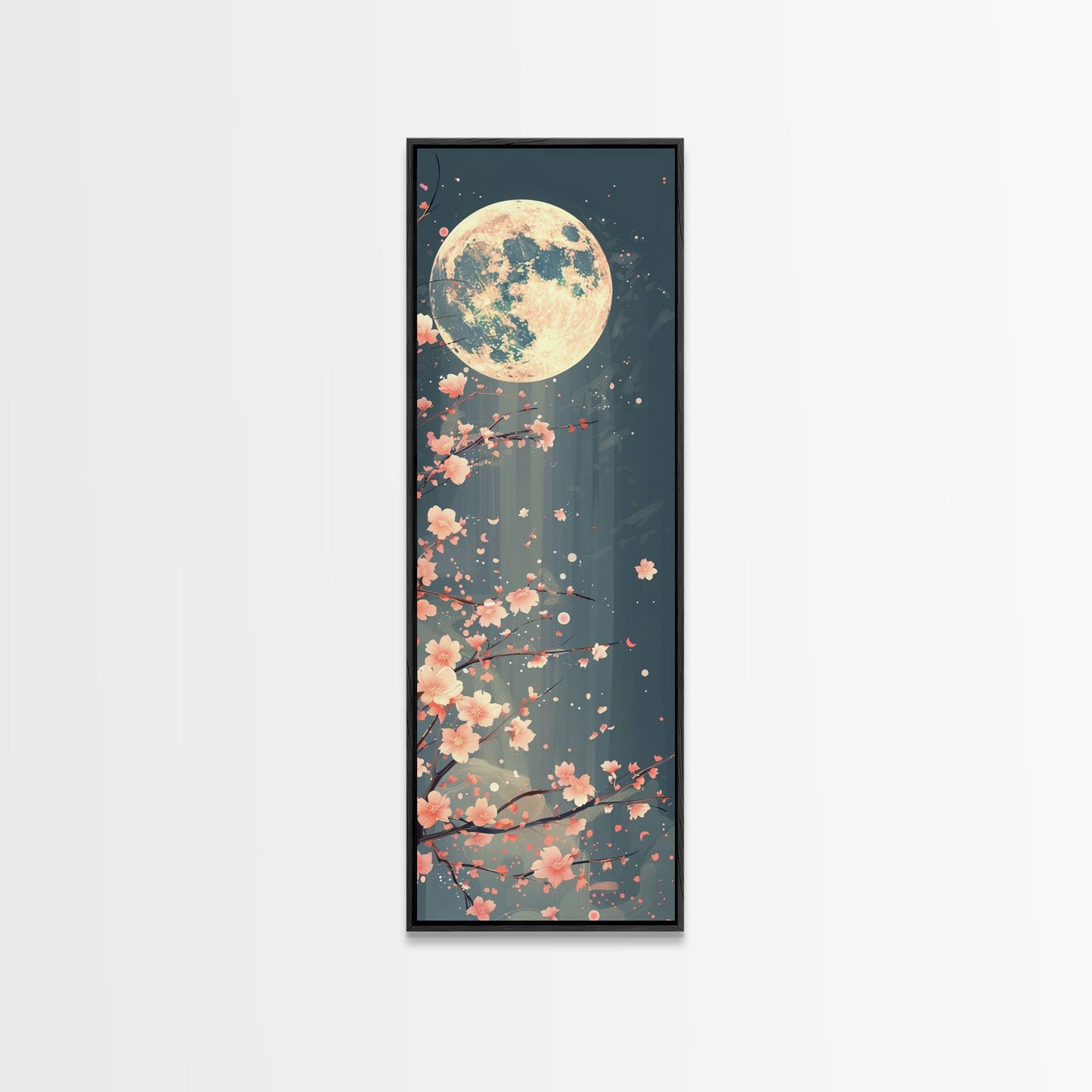 Full Moon with Cherry Blossom Ukiyo-e Art, Framed Canvas Print Perfect for Skinny and Tall Spaces, Japanese Style Art