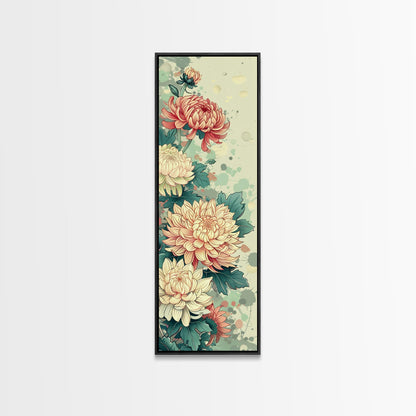 Chrysanthemums in Traditional Japanese Art, Ukiyo-e Style Framed Canvas Print Perfect for Tall and Skinny Spaces