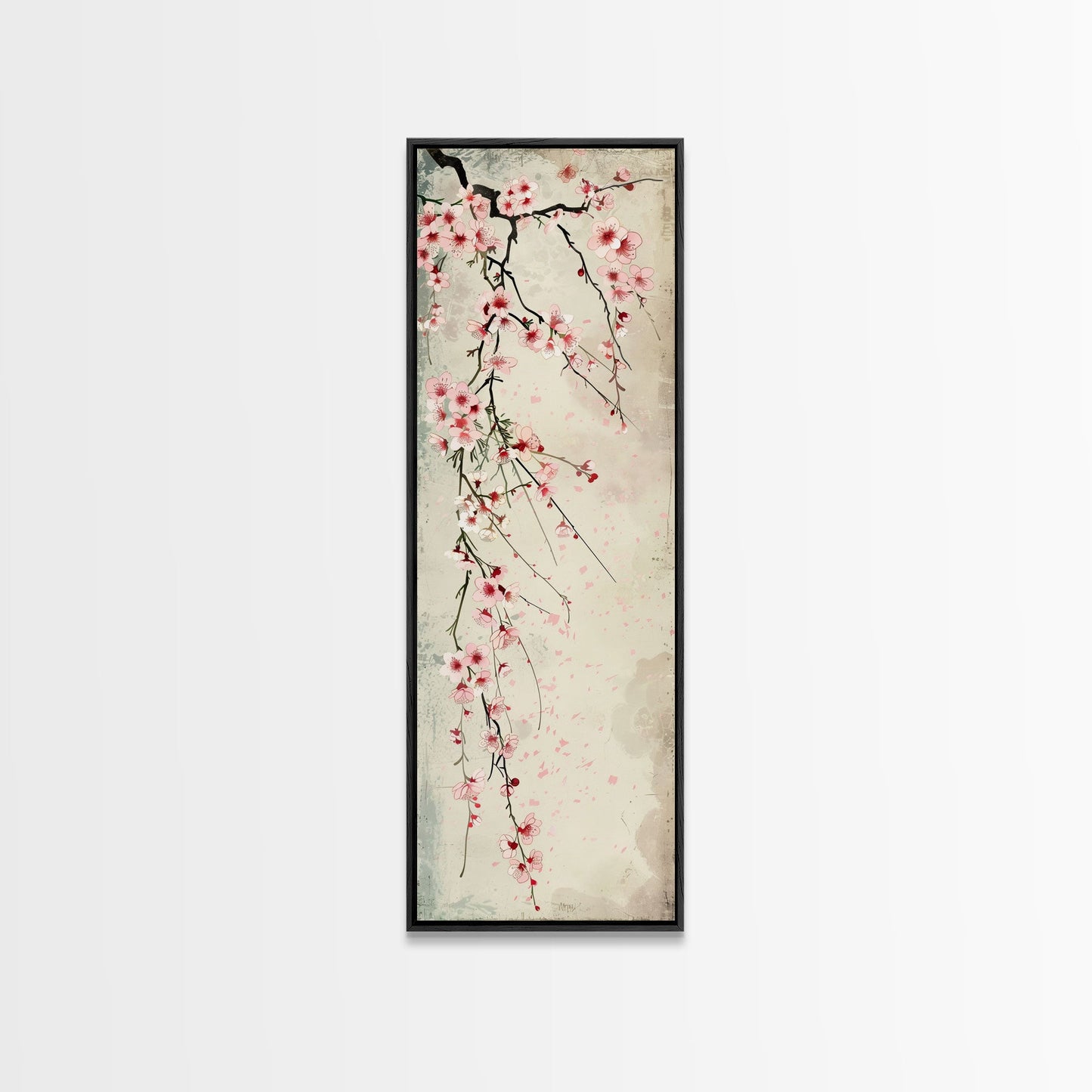 Cherry Blossoms, Full Bloom, Japanese Art, Skinny Art, Tall Art, Framed Canvas Print, Ukiyo-e Style